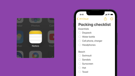 Packing checklist for group trip in Apple Notes, along with Notes icon on home screen.