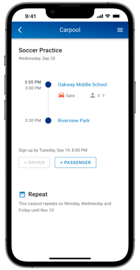 Gomates carpool app showing travel times and locations