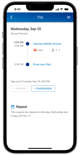 Gomates carpool app showing travel times and locations