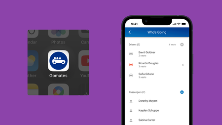 Drivers and passengers for a group trip in Gomates, along with Gomates icon on home screen.