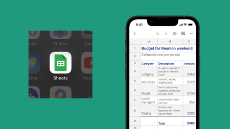 Budget for a group trip in Google Sheets, along with Sheets icon on home screen.