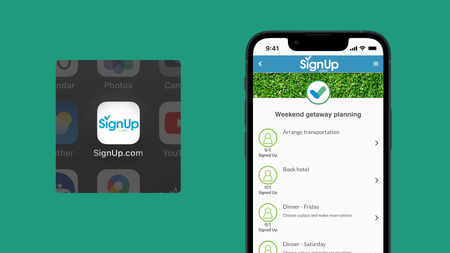 Signup sheet for group trip planning tasks in Signup.com, along with Signup icon on home screen.
