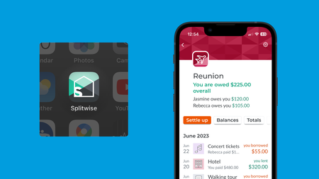List of costs and money owed for a reunion trip in Splitwise, along with Splitwise icon on home screen.