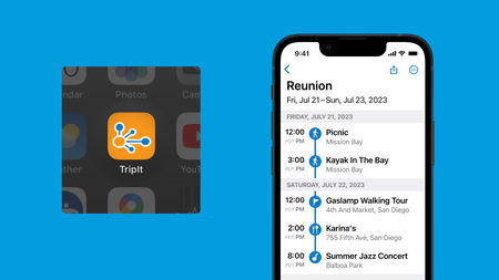 Itinerary for a reunion trip in TripIt, along with TripIt icon on home screen.